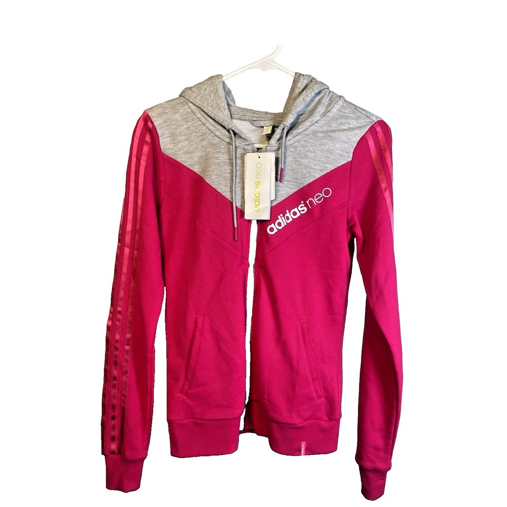 Adidas Neo Women's Jacket Zip Up XS Pink Gray Hooded Sweatshirt Workout Gym NEW